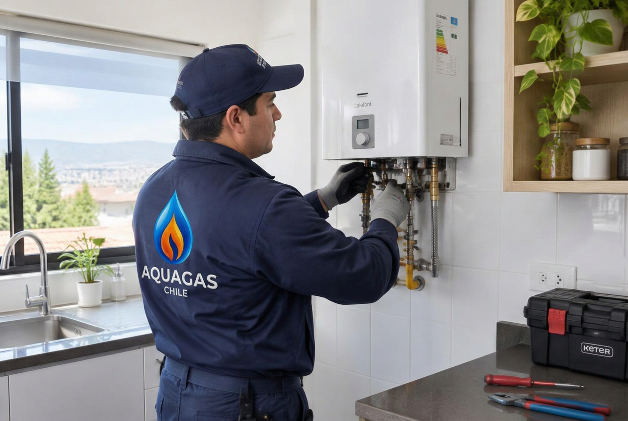 Técnico de Aquagas Chile realizando mantención de calefont